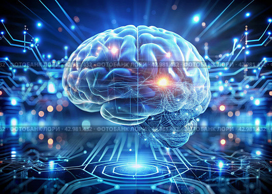 Digital technologies of the future. Artificial intelligence. The brain and digital codes on a virtual screen. The image was created using artificial intelligence. Стоковое AI-изображение, AI-художник Photojuli / Фотобанк Лори