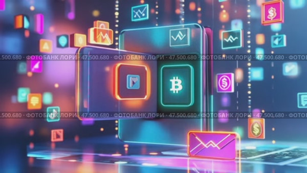 Digital wallet displaying cryptocurrency and financial icons in a vibrant virtual environment. Стоковое AI-видео, аниматор Ekaterina Ismagilova / Фотобанк Лори