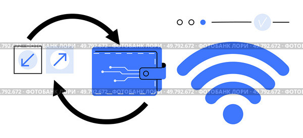 Digital wallet with circuitry design, bidirectional arrows indicating data transfer, and wireless connectivity icon. Ideal for digital transactions, mobile payments, secure connections, data sharing. Digital Wallet and Wireless Data Transfer Connectivity Featuring Interactive Icons and Circular Arrows. Стоковая иллюстрация, агентство Ingram Publishing / Фотобанк Лори