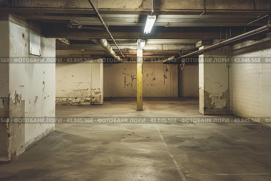 Dimly lit, deserted basement parking with peeling paint and concrete columns. Стоковое AI-изображение, AI-художник Иван Рябоконь / Фотобанк Лори
