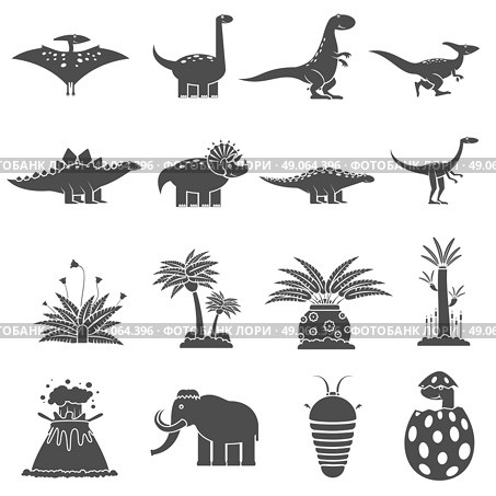 Dinosaurs and prehistoric nature black icons set isolated vector illustration. Dinosaurs Black Set. Стоковая иллюстрация, агентство Ingram Publishing / Фотобанк Лори