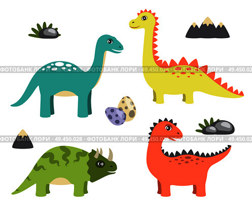 Dinosaurs collection and icons of mountain, rock and eggs, triceratops and sauropods dinosaurs, vector illustration, isolated on white background. Dinosaurs Collection and Icons Vector Illustration. Стоковая иллюстрация, агентство Ingram Publishing / Фотобанк Лори