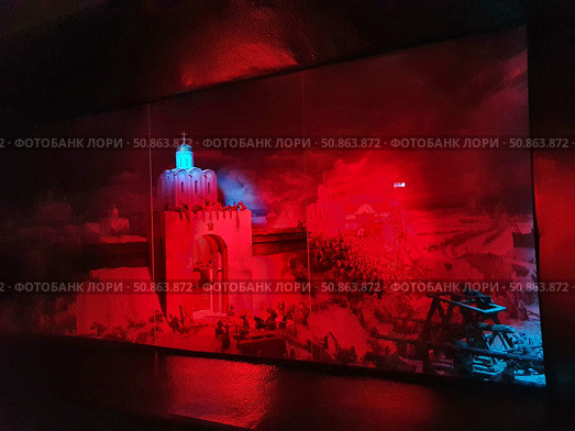 Диорама «Решающий штурм города Владимира войсками хана Батыя 7 февраля 1238 года» . Военно-историческая экспозиция Золотых ворот во Владимире (часть Владимиро-Суздальского музея-заповедника) (2021 год). Стоковое фото, фотограф Татьяна Федулова / Фотобанк Лори