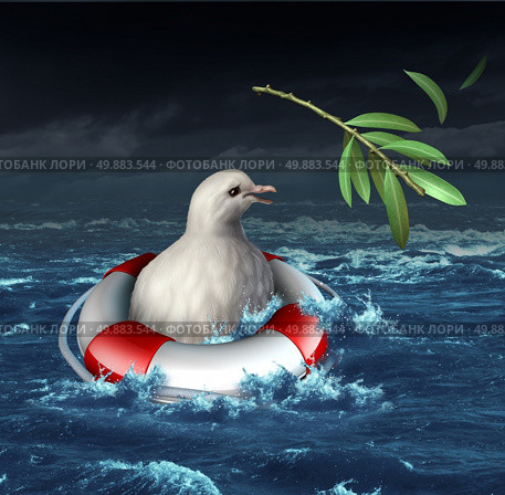 Diplomatic crisis and war distress concept with a drowning white dove in an ocean during a storm losing his olive branch as a metaphor for lost opportunity for peace and human rights protection resulting in more wartime suffering. Стоковое фото, агентство Ingram Publishing / Фотобанк Лори