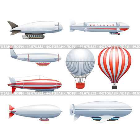 Dirigible Airship White Red Icons Set . Dirigible and hot air balloons airships in flight icons collection  white red abstract isolated vector illustration . Стоковая иллюстрация, агентство Ingram Publishing / Фотобанк Лори