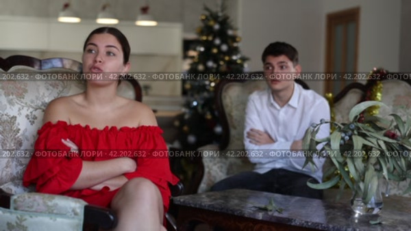 Disappointed young couple arguing among themselves before Christmas Eve while sitting on sofa in living room at home. Стоковое видео, видеограф Яков Филимонов / Фотобанк Лори