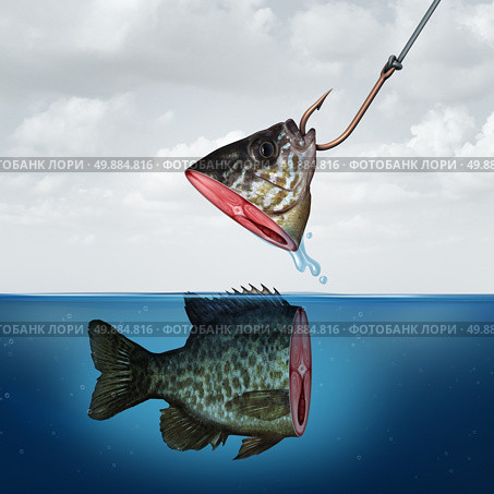 Disappointing profit business concept as a partial fish head on a hook with tehe rest of its body still in the water as a symbol for false promise and underperformance. Стоковое фото, агентство Ingram Publishing / Фотобанк Лори
