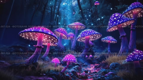 Discover an enchanting forest where vibrant, glowing mushrooms light up the surroundings, creating a magical nighttime atmosphere. Стоковое AI-видео, аниматор Данила Большаков / Фотобанк Лори