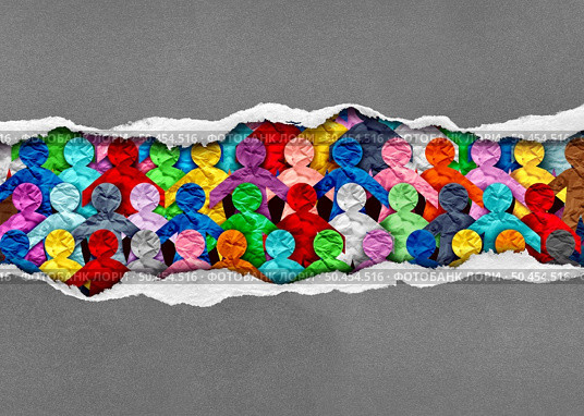 Discovering Diverse Culture and social justice inclusion as a group of people from different cultures under torn paper as a symbol for a united society or workplace unity. Стоковое фото, агентство Ingram Publishing / Фотобанк Лори