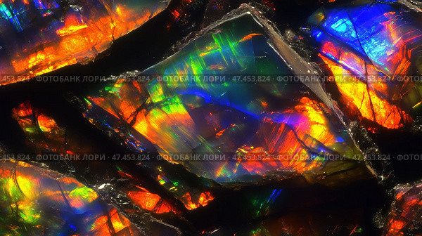 Discovering the vibrant textures and colors of opal stone specimens in natural light. Стоковое AI-изображение, AI-художник Ксения Лаптева / Фотобанк Лори