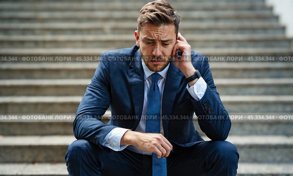 Disheartened businessman seated on steps, embodying bankruptcy and business failure, aura of defeat and exhaustion. Стоковое AI-изображение, AI-художник Павел Муравьев / Фотобанк Лори