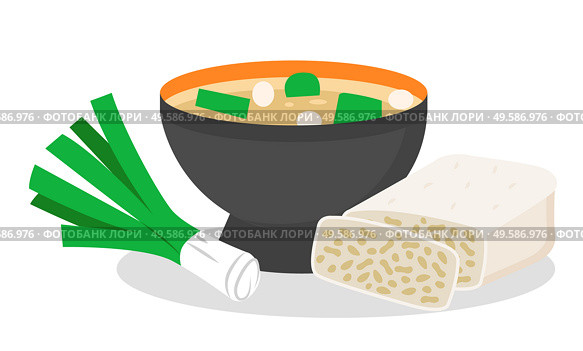 Dishes full of nutritious elements and minerals. Probiotics found in miso soup, bow and tempeh. Meal for healthy lifestyle. Fermented ingredients and dieting for digestion heath. Vector in flat. Delicious Miso Soup with Bow and Tempeh Meal Set. Стоковая иллюстрация, агентство Ingram Publishing / Фотобанк Лори