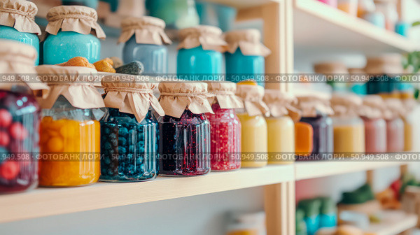 Display of assorted homemade jams and preserves on a wooden shelf, perfect for pantry storage or kitchen decoration. Стоковое AI-изображение, AI-художник Данила Большаков / Фотобанк Лори