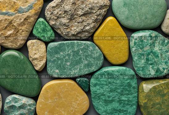 Displaying a variety of unakite stones, this captivating arrangement features epidosite and coarse-grained metamorphic rock with vibrant colors that highlight their natural beauty Generative AI. Стоковое AI-изображение, AI-художник Юлия Петровская / Фотобанк Лори