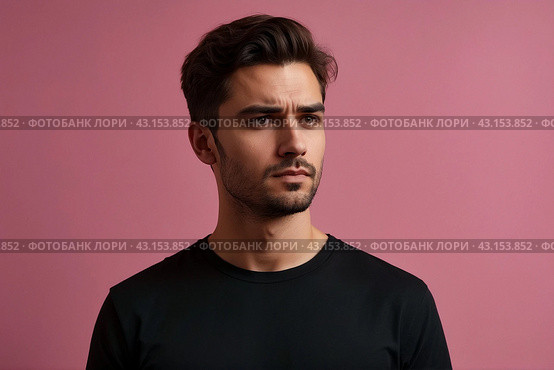 Dissatisfied young man looking unpleasantly away, expresses aversion, smirking at pink background. Guy in black t-shirt scared, negative face expressions concept. Advertising. Copy text space. Стоковое AI-изображение, AI-художник Aleksandr Golubev / Фотобанк Лори