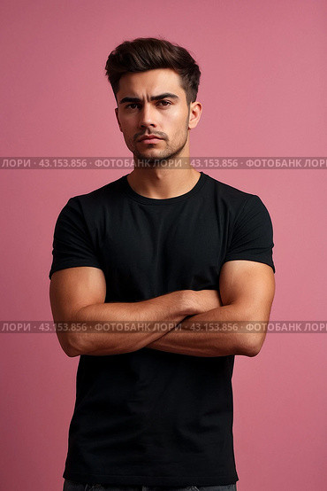 Dissatisfied young man looking unpleasantly away, expresses aversion, smirking at pink background. Guy in black t-shirt scared, negative face expressions concept. Advertising. Copy text space. Стоковое AI-изображение, AI-художник Aleksandr Golubev / Фотобанк Лори