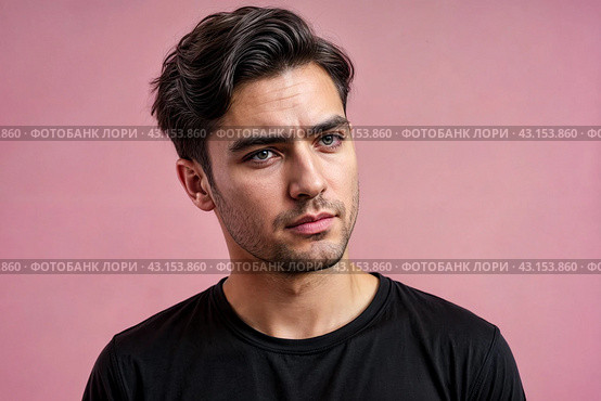 Dissatisfied young man looking unpleasantly away, expresses aversion, smirking at pink background. Guy in black t-shirt scared, negative face expressions concept. Advertising. Copy text space. Стоковое AI-изображение, AI-художник Aleksandr Golubev / Фотобанк Лори
