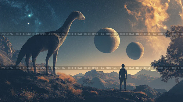 Distant worlds collide as a human surveys an alien landscape with a dinosaur-like creature. Стоковое AI-изображение, AI-художник Михаил Коханчиков / Фотобанк Лори