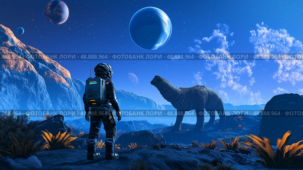 Distant worlds collide as a human surveys an alien landscape with a dinosaur-like creature. Стоковое AI-изображение, AI-художник Михаил Коханчиков / Фотобанк Лори
