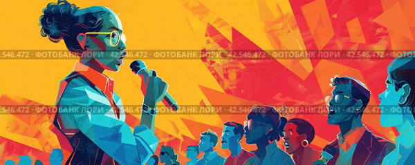 Diverse group of young people at a political rally listening to a speaker with a megaphone. Стоковое AI-изображение, AI-художник Юрий Поздников / Фотобанк Лори