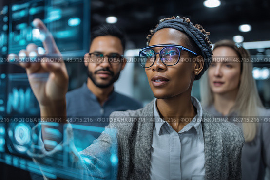 Diverse team of software engineers developing innovative app using futuristic transparent display technology. Стоковое AI-изображение, AI-художник Юрий Поздников / Фотобанк Лори