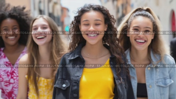 Diverse young women strolling urban sidewalk, dressed in stylish summer clothing, laughing together and celebrating close friendship. Стоковое AI-видео, аниматор Юрий Поздников / Фотобанк Лори