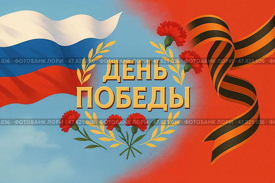 Дизайн празднования Дня Победы с российским флагом, цветами и георгиевской лентой. Стоковое AI-изображение, AI-художник Елена Болотина / Фотобанк Лори