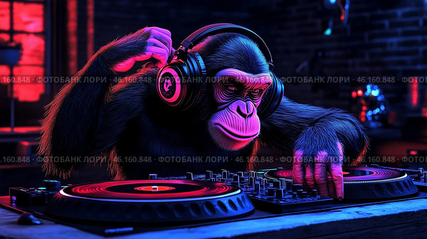 DJ-шимпанзе. Стоковое AI-изображение, AI-художник Дмитрий Давыдов / Фотобанк Лори