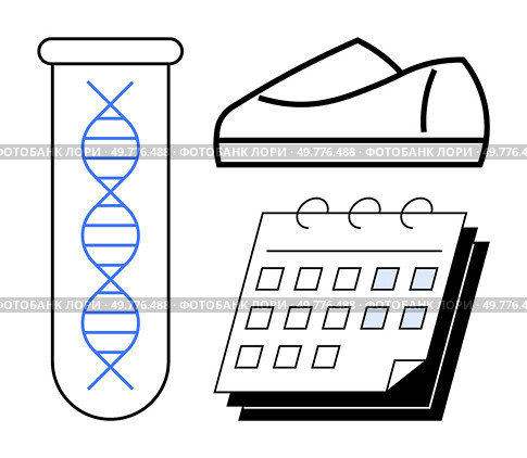 DNA double helix in test tube, shoes, and spiral-bound calendar. Ideal for scientific research, genetics studies, health planning, laboratory schedules, time management, physical activity planning. DNA test tube, calendar, and shoes symbolizing scientific research and organizational planning. Стоковая иллюстрация, агентство Ingram Publishing / Фотобанк Лори