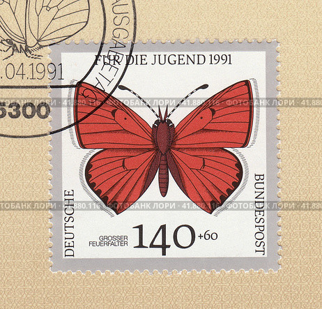 Дневная бабочка Червонец непарный (Lycaena dispar), почтовая марка ФРГ 1991 года. Редакционная иллюстрация, иллюстратор александр афанасьев / Фотобанк Лори