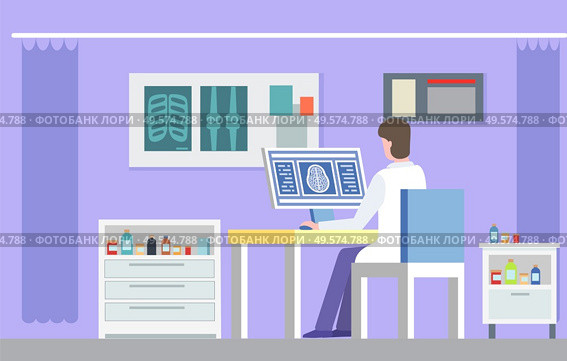 Doctor character sitting in x-ray cabinet and researching scan of bones, nightstands with drug. Medical technology radiography, patient treatment vector. Radiography Technology, Doctor and X-ray Vector. Стоковая иллюстрация, агентство Ingram Publishing / Фотобанк Лори