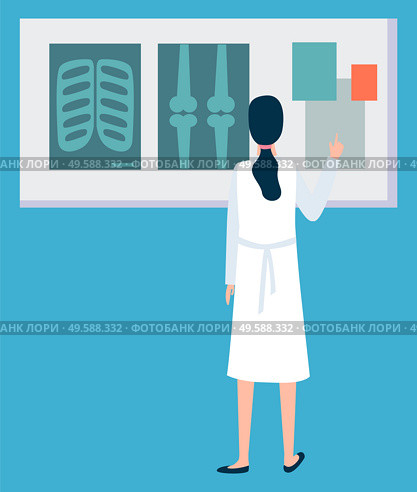 Doctor looks x-ray, image of bones and ribs, surgeon character. Full length and portrait view of female wearing medical gown researching ray vector. Surgeon Looks X-ray, Bones Image, Hospital Vector. Стоковая иллюстрация, агентство Ingram Publishing / Фотобанк Лори