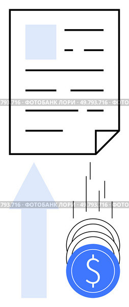 Document with text and blue square, upward arrow, and coin with dollar sign. Ideal for finance, investment, savings, business growth, budgeting accounting economic analysis market trend. Line. Financial Growth Through Documentation and Investment Strategy Representation. Стоковая иллюстрация, агентство Ingram Publishing / Фотобанк Лори