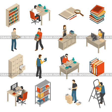Documents Archive Library Isometric Icons Set. Historical documents manuscripts and publications storage library archive catalog helves isometric icons set abstract isolated vector illustration . Стоковая иллюстрация, агентство Ingram Publishing / Фотобанк Лори