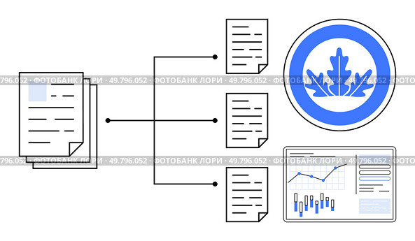 Documents connected, sorted into categorized papers and represented by an official emblem and analytical graph. Ideal for workflows, data management, business processes, visual data representation. Simplified Data Flow with Documents, Segregation, Graphs, and Official Emblem. Стоковая иллюстрация, агентство Ingram Publishing / Фотобанк Лори