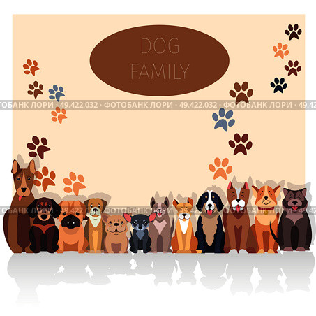 Dog family banner in purebred concept. Vector of Bernese Mountain and Central Asian hounds, French and English Bulldog, Chihuahua and boxer, Jack Russell and Bull Terrier, puppy of Argentinian Dog.. Dog Family Banner in Purebred Concept. Vector. Стоковая иллюстрация, агентство Ingram Publishing / Фотобанк Лори