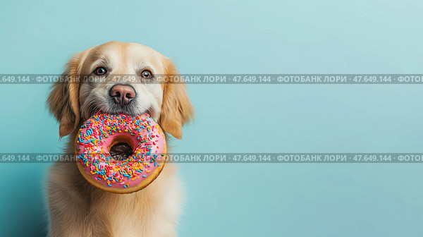 Dog joyfully holds a colorful donut in its mouth in playful setting, copy space. Собака радостно держит в пасти разноцветный пончик в игривой обстановке. Стоковое AI-изображение, AI-художник Katsiaryna Repich / Фотобанк Лори