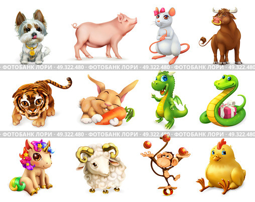 Dog, Pig, Rat, Ox, Tiger, Rabbit, Dragon, Snake, Horse, Goat, Monkey, Rooster. Funny animal in the Chinese zodiac, Chinese calendar. 3d vector icon set. Стоковая иллюстрация, агентство Ingram Publishing / Фотобанк Лори
