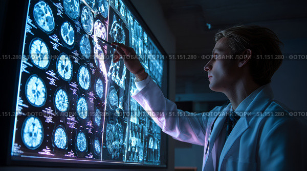 Доктор указывает на рентгеновский снимок. The doctor points to the X-ray. Стоковое AI-изображение, AI-художник Смирнова Светлана / Фотобанк Лори