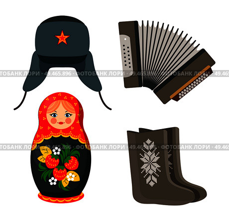 Doll and warm winter hat Russian set. Accordion musical instrument with buttons and keys. Decorated nesting toy and felt boots vector illustration. Doll and Winter Hat Russian Vector Illustration. Стоковая иллюстрация, агентство Ingram Publishing / Фотобанк Лори