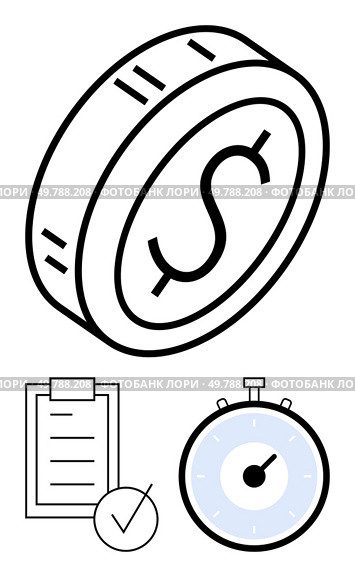 Dollar coin checklist with a tick and stopwatch. Ideal for finance, time management, productivity, organization, efficiency, deadlines, goal setting. Line metaphor. Dollar Coin, Checklist, and Stopwatch Symbols Highlighting Time Management and Productivity. Стоковая иллюстрация, агентство Ingram Publishing / Фотобанк Лори
