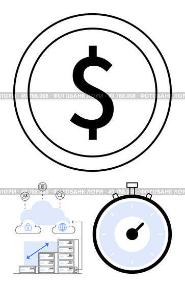 Dollar symbol in a circle cloud storage with database and stopwatch. Ideal for finance, cloud computing, time management, efficiency, productivity, business, technology. Line metaphor. Dollar Symbol, Cloud Storage, Stopwatch - Synchonization of Wealth, Data, and Time Management. Стоковая иллюстрация, агентство Ingram Publishing / Фотобанк Лори
