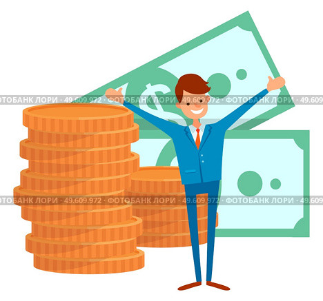 Dollars and coins, smiling worker with rising hands. Employee with income symbol or salary, earning money, payment or invest icon, finance element vector. Currency Dollar, Coins and Money, Worker Vector. Стоковое фото, агентство Ingram Publishing / Фотобанк Лори