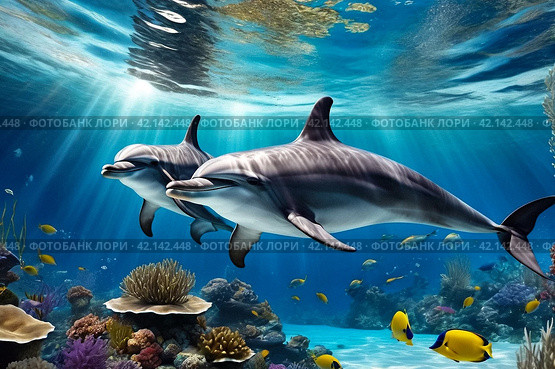 Dolphin (Delphinidae) mammal swimming in tropical underwaters. Two Dolphins in underwater wild world. Observation of wildlife ocean. Scuba diving adventure in Ecuador coast. Copy text space. Стоковое AI-изображение, AI-художник Aleksandr Golubev / Фотобанк Лори