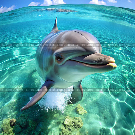 Dolphin, water, mammal, sea, animal, ocean, blue, swim, swimming, fish, pool, nature, marine, smile, dolphins, aquatic, fin, wildlife, underwater, head, bottlenose, happy, mouth, aquarium, wild, Любопытный дельфин, плавающий в прозрачной морской воде. Стоковое AI-изображение, AI-художник Artykris99 / Фотобанк Лори