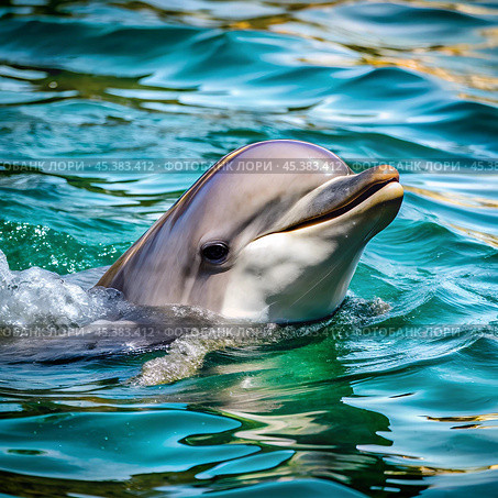 Dolphin, water, mammal, sea, animal, ocean, blue, swim, swimming, fish, pool, nature, marine, smile, dolphins, aquatic, fin, wildlife, underwater, head, bottlenose, happy, mouth, aquarium, wild, Любопытный дельфин, плавающий в прозрачной морской воде. Стоковое AI-изображение, AI-художник Artykris99 / Фотобанк Лори