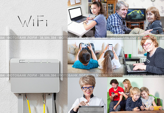 Домашний WiFi роутер и пользователи с гаджетами, коллаж. Стоковое фото, фотограф Кекяляйнен Андрей / Фотобанк Лори