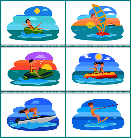Donut ride collection activities, windsurfing and boating, banana boat summer sport, sports set vector illustration isolated on white background. Donut Ride Set of Activities Vector Illustration. Стоковая иллюстрация, агентство Ingram Publishing / Фотобанк Лори