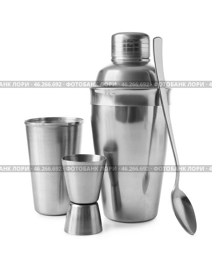 Double jigger, mixing spoon, cobbler and cocktail shakers on white background. Стоковое фото, фотограф Pixel_shot / Фотобанк Лори
