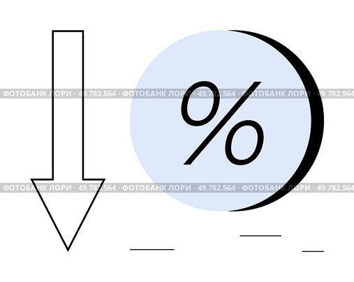Downward arrow pointing left next to a blue circle with percentage symbol inside. Ideal for financial reports, economic trends, sales decrease, market analysis, budgeting, business planning, and risk. Downward Arrow and Percentage Symbol Representing Decrease or Reduction in Value or Rate. Стоковая иллюстрация, агентство Ingram Publishing / Фотобанк Лори